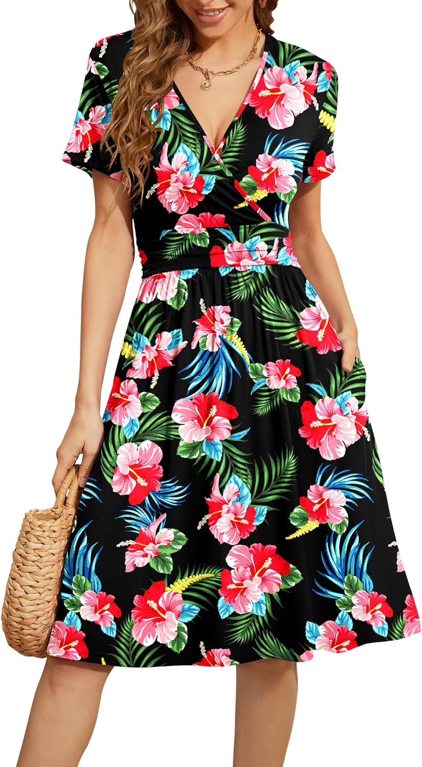 WEACZZY Women's Summer Short Sleeve Casual Dresses V-Neck Floral Party Dress with Pockets