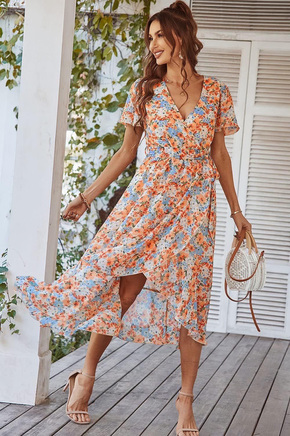 PRETTYGARDEN Women's Summer Floral Boho Dress Wrap V Neck Short Sleeve Ruffle A-Line Flowy Maxi Wedding Guest Dresses