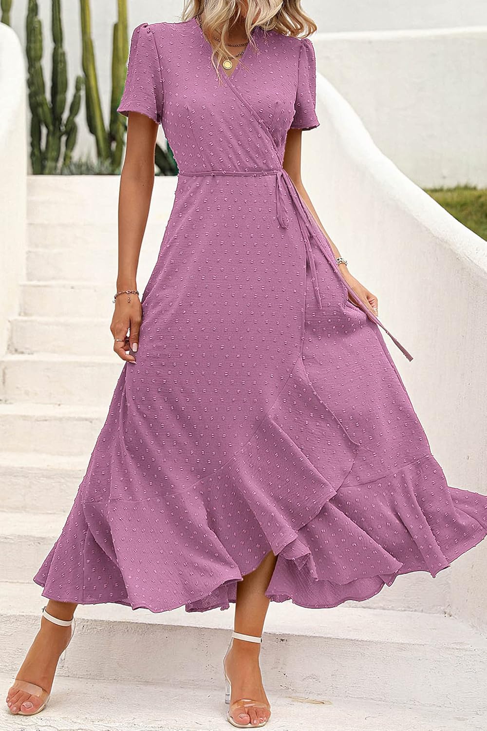 PRETTYGARDEN Women's Summer Wrap Maxi Dress Casual Short Sleeve Floral Boho V Neck Split Ruffle Beach Long Dresses