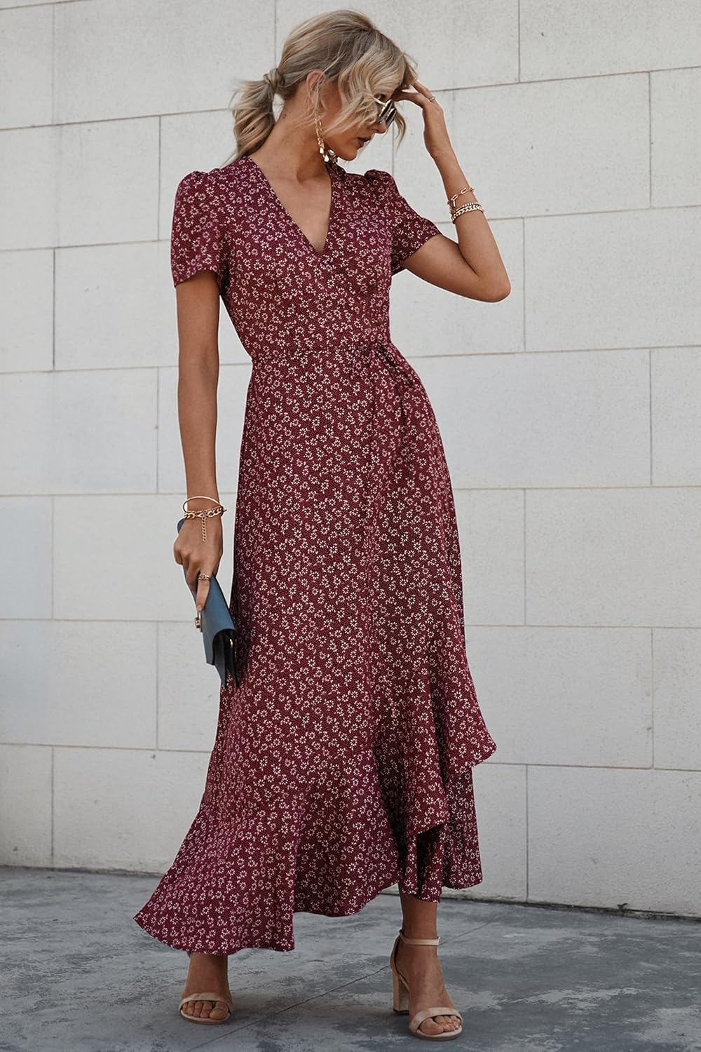 PRETTYGARDEN Women's Summer Wrap Maxi Dress Casual Short Sleeve Floral Boho V Neck Split Ruffle Beach Long Dresses