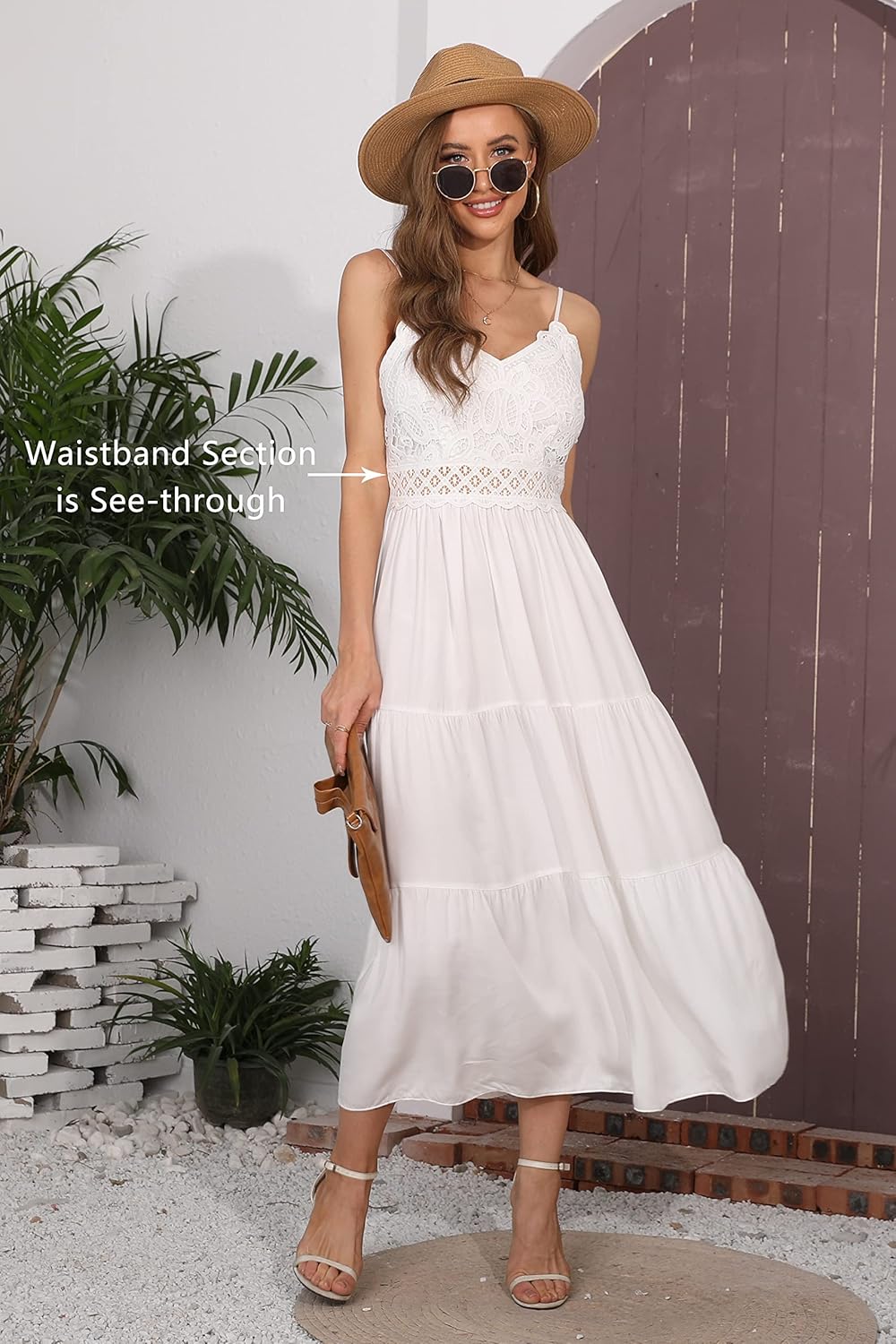 Dokuritu Women's Beach Crochet Lace Maxi Dress Solid Color Summer Vacation Spaghetti Strap Long Dress 2024