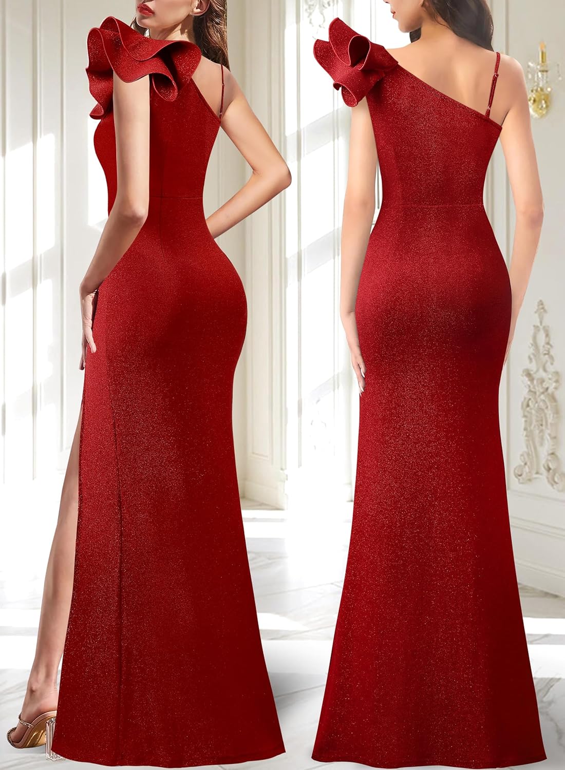 VFSHOW Womens Ruffle One Shoulder Strap Ruched Formal Prom Wedding Maxi Dress V Neck Elegant Split Cocktail Evening Long Gown