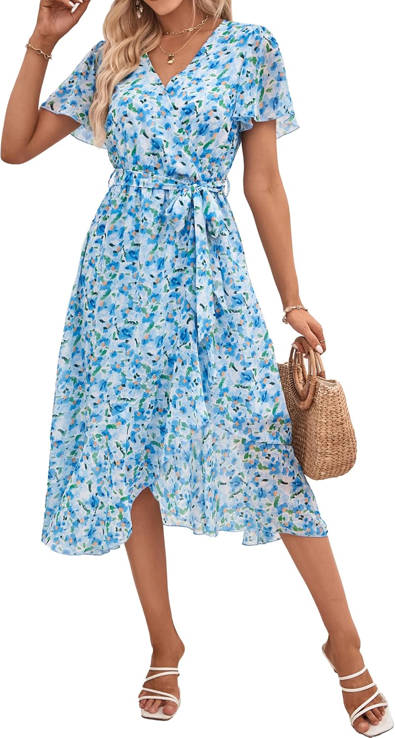 PRETTYGARDEN Women's Summer Floral Boho Dress Wrap V Neck Short Sleeve Ruffle A-Line Flowy Maxi Wedding Guest Dresses