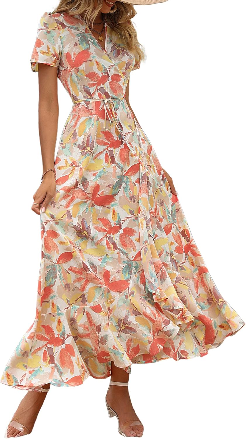 PRETTYGARDEN Women's Summer Wrap Maxi Dress Casual Short Sleeve Floral Boho V Neck Split Ruffle Beach Long Dresses