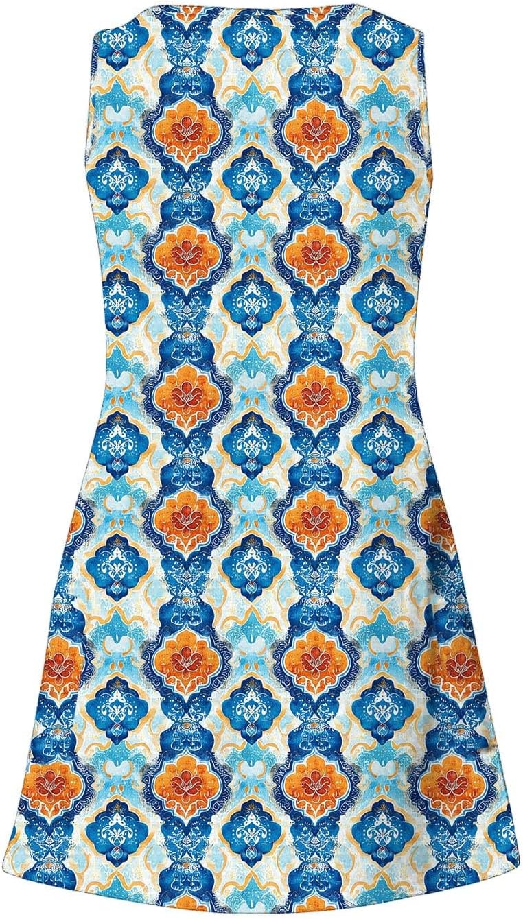 Womens 2025 Spring Summer Dresses Casual Floral Print V-Neck Tank Dress Curve Hem Pleated A-Line Sundresses