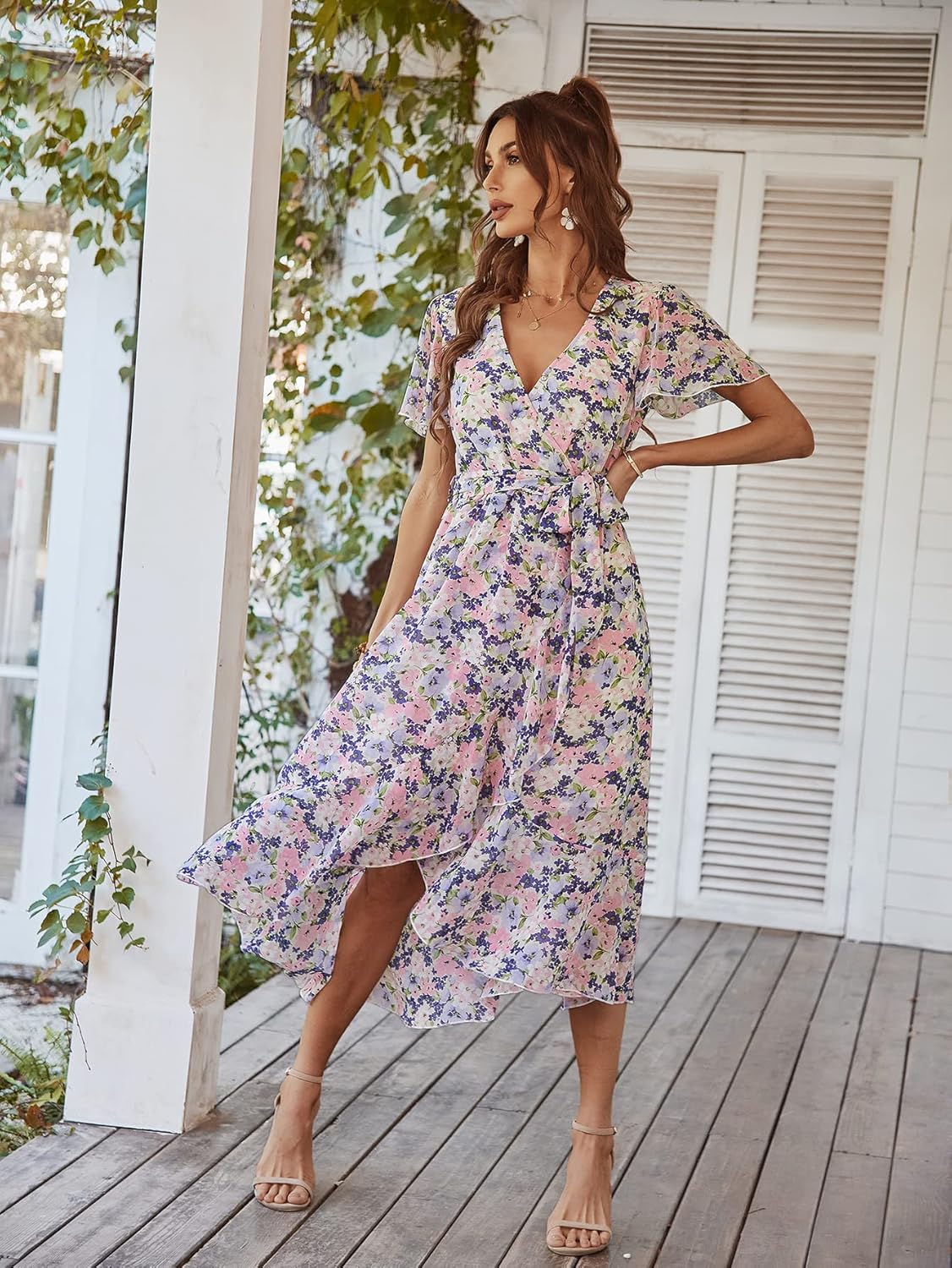 PRETTYGARDEN Women's Summer Floral Boho Dress Wrap V Neck Short Sleeve Ruffle A-Line Flowy Maxi Wedding Guest Dresses