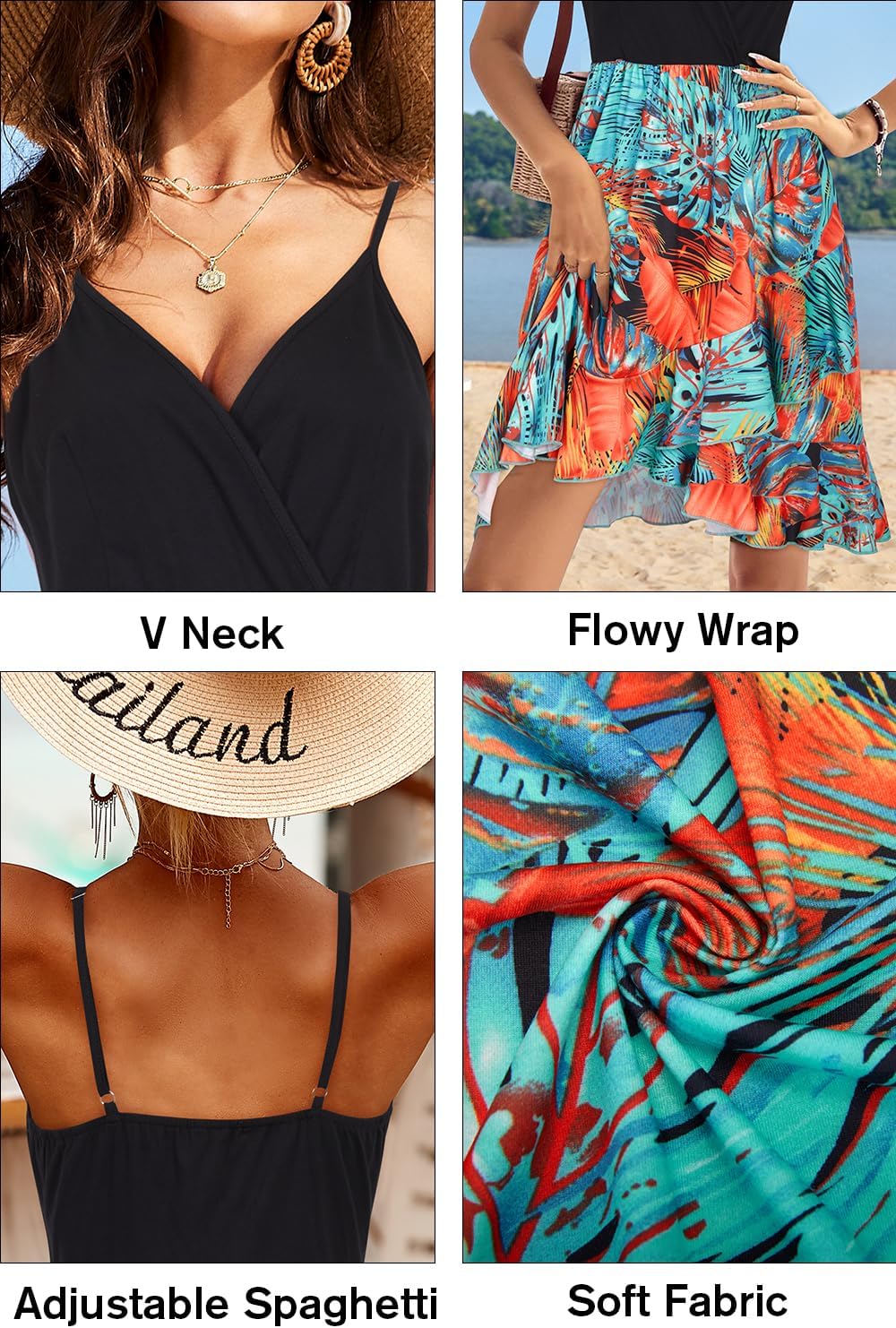 ULTRANICE Womens Summer Dresses Floral V Neck Ruffled Hem Spaghetti Spring Casual Beach Outfits Flowy Wrap Sun Dress