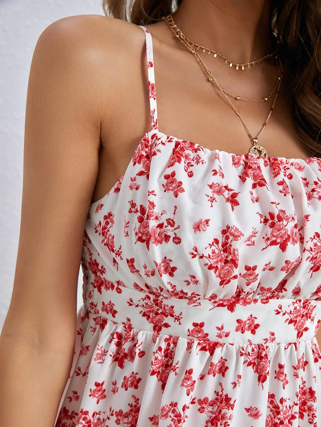 Verdusa Women's Floral Print Ruched Sleeveless Ruffle Hem A Line Swing Cami Dress