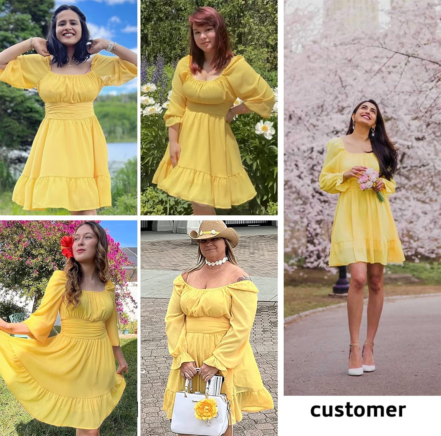 EXLURA Women's 2025 Casual Long Lantern Sleeve Dresses Square Neck Ruffle Tie Back Elastic Waist Aline Short Mini Dress