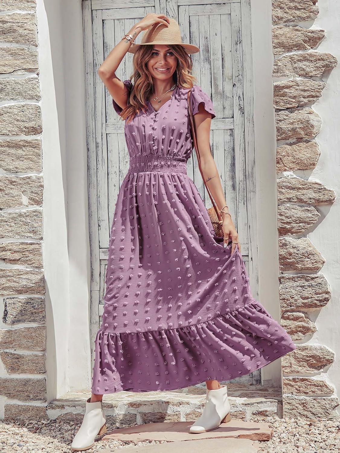 PRETTYGARDEN Womens Dresses 2025 Summer Maxi Dress Boho Short Sleeve V Neck Swiss Dot Ruffle Tiered Smocked Flowy Long Dress
