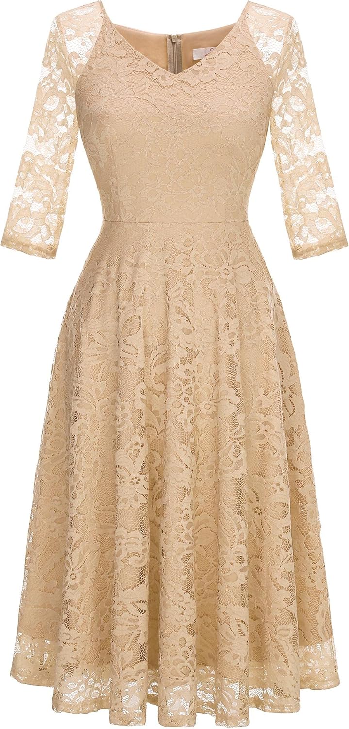 Dressystar Womens Long-Sleeve Wedding Guest Dress A-Line Lace Formal Party Cocktail Midi Dress Prom Gown