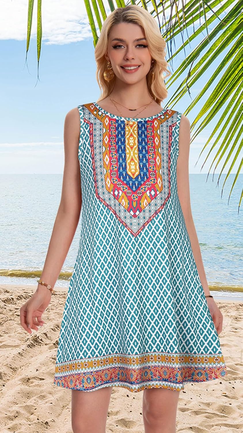 Summer Dresses for Women Beach Boho Sleeveless Vintage Floral Flowy Pocket Tshirt Tank Sundresses