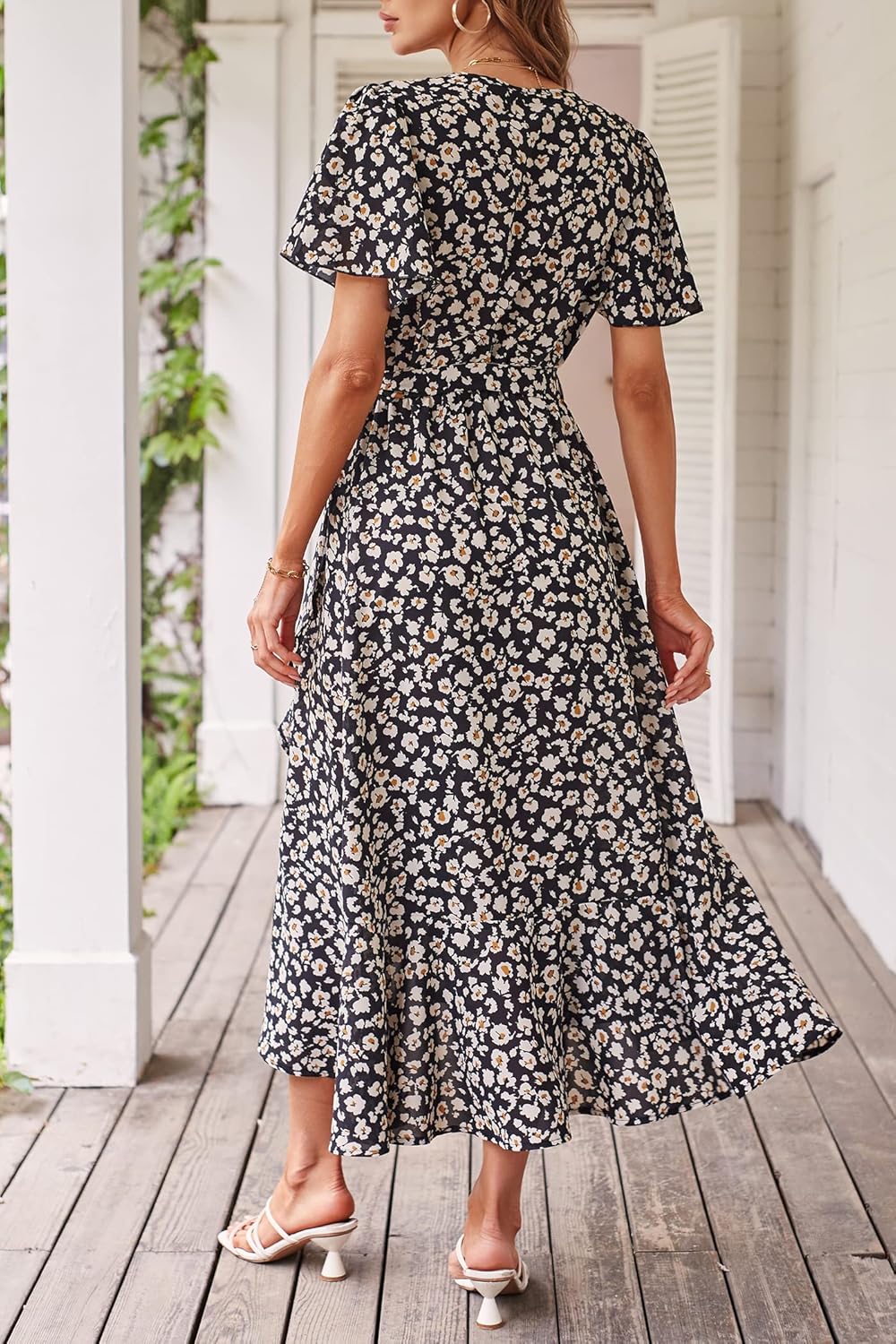 PRETTYGARDEN Women's Summer Floral Boho Dress Wrap V Neck Short Sleeve Ruffle A-Line Flowy Maxi Wedding Guest Dresses