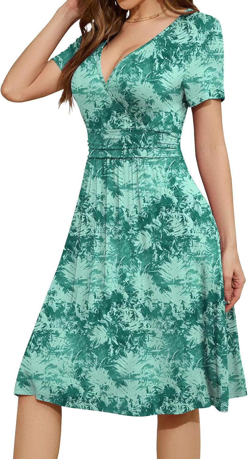 WEACZZY Women's Summer Short Sleeve Casual Dresses V-Neck Floral Party Dress with Pockets