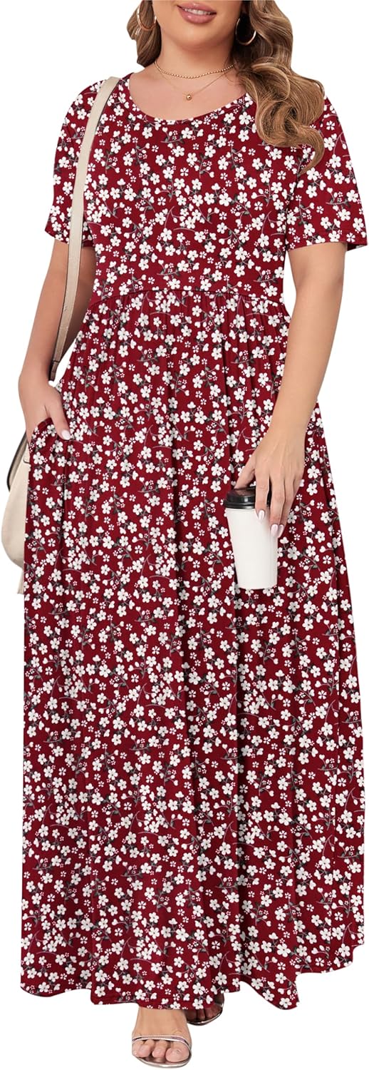 KARALIN Women’s Plus Size Maxi Dresses for Curvy Women Summer Casual Short Sleeve 2025 Long Dress 14W-26W