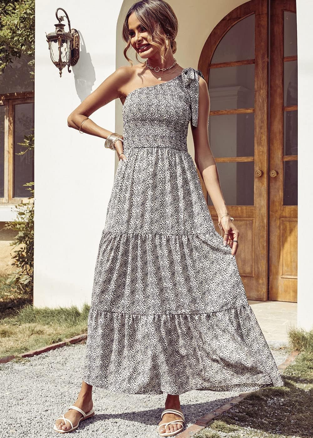 PRETTYGARDEN Women's Summer Floral Maxi Dress Knot One Shoulder Sleeveless Ruffle Flowy Boho Beach Wedding Guest Dresses