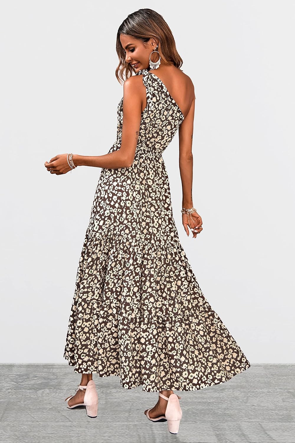 PRETTYGARDEN Women's Summer Floral Maxi Dress Knot One Shoulder Sleeveless Ruffle Flowy Boho Beach Wedding Guest Dresses