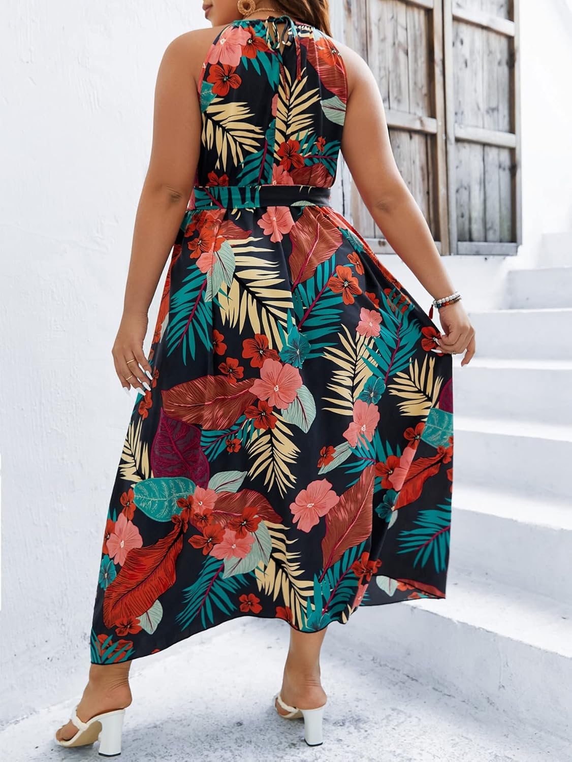Floerns Women's Plus Size Boho Sleeveless Halter Neck Tie Back A Line Long Dress