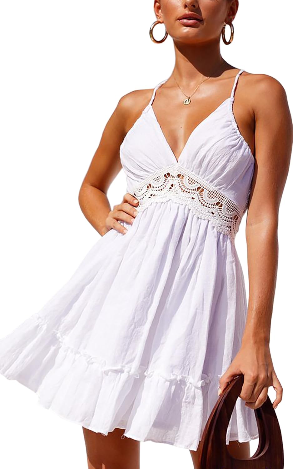 ECOWISH Summer Dresses for Women 2025 V-Neck Spaghetti Strap Bowknot Backless Sleeveless Lace Mini Swing Skater Dress