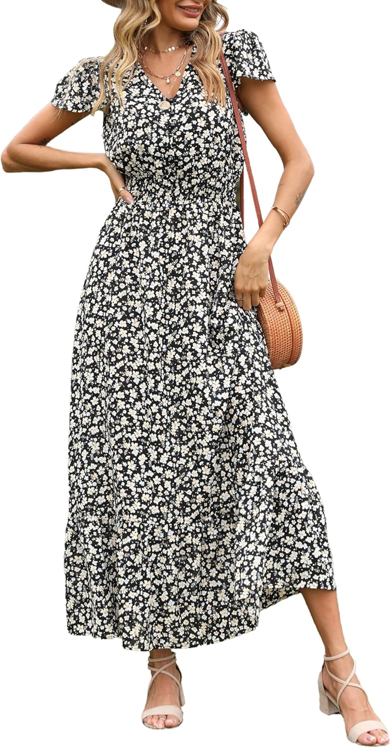 PRETTYGARDEN Womens Dresses 2025 Summer Maxi Dress Boho Short Sleeve V Neck Swiss Dot Ruffle Tiered Smocked Flowy Long Dress