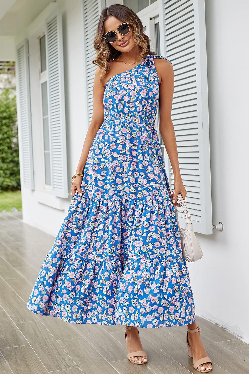PRETTYGARDEN Women's Summer Floral Maxi Dress Knot One Shoulder Sleeveless Ruffle Flowy Boho Beach Wedding Guest Dresses