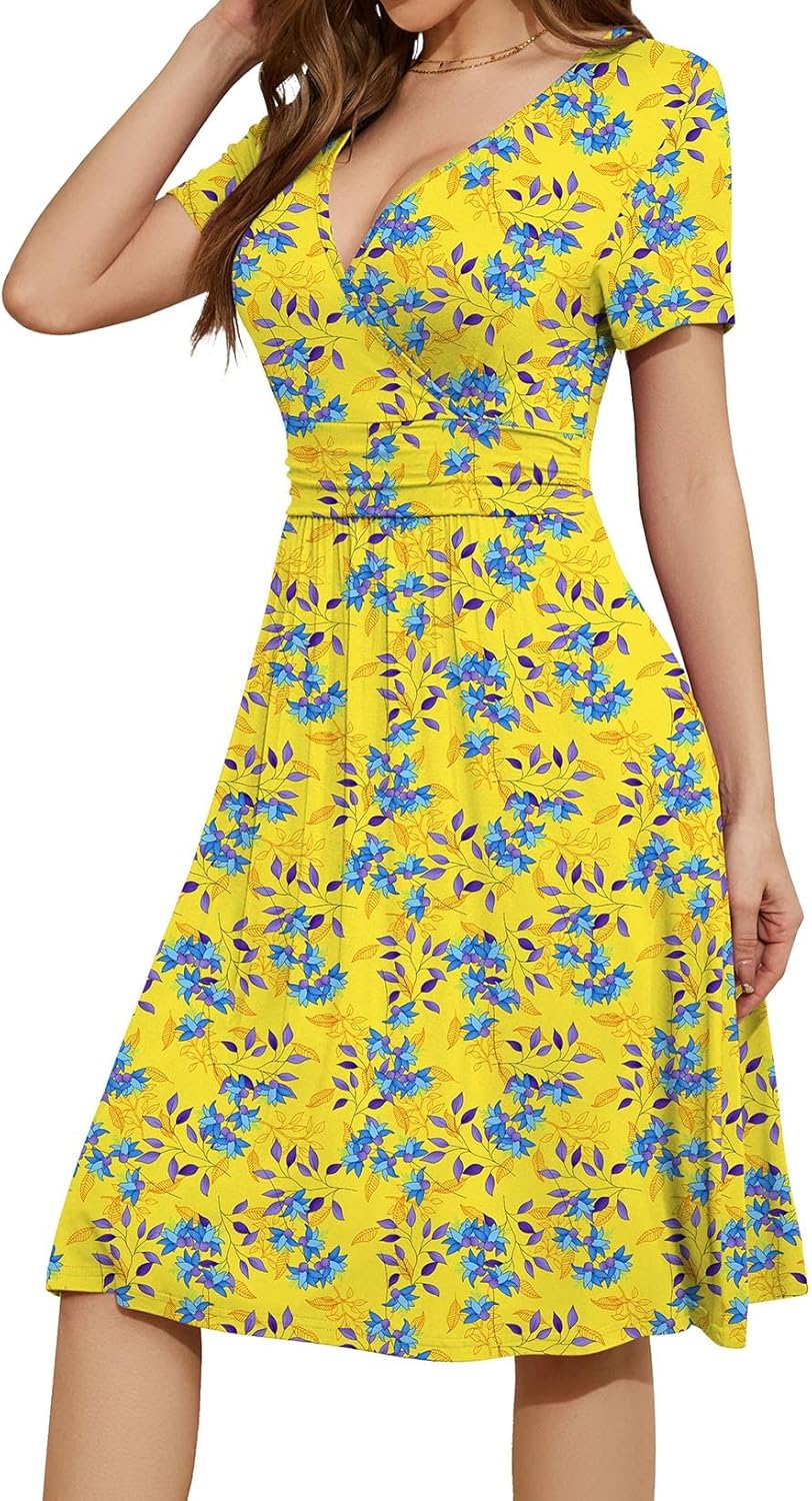 WEACZZY Women's Summer Short Sleeve Casual Dresses V-Neck Floral Party Dress with Pockets