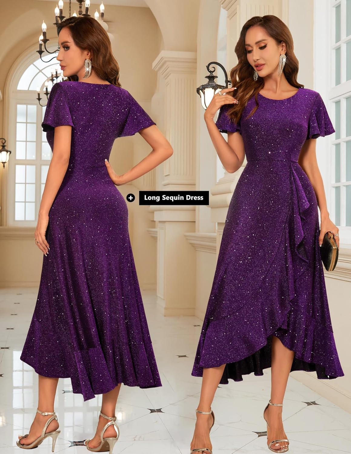 BeryLove Women Sequin Formal Party Dress Flutter Short Sleeve Wedding Cocktail Long Evening Dress