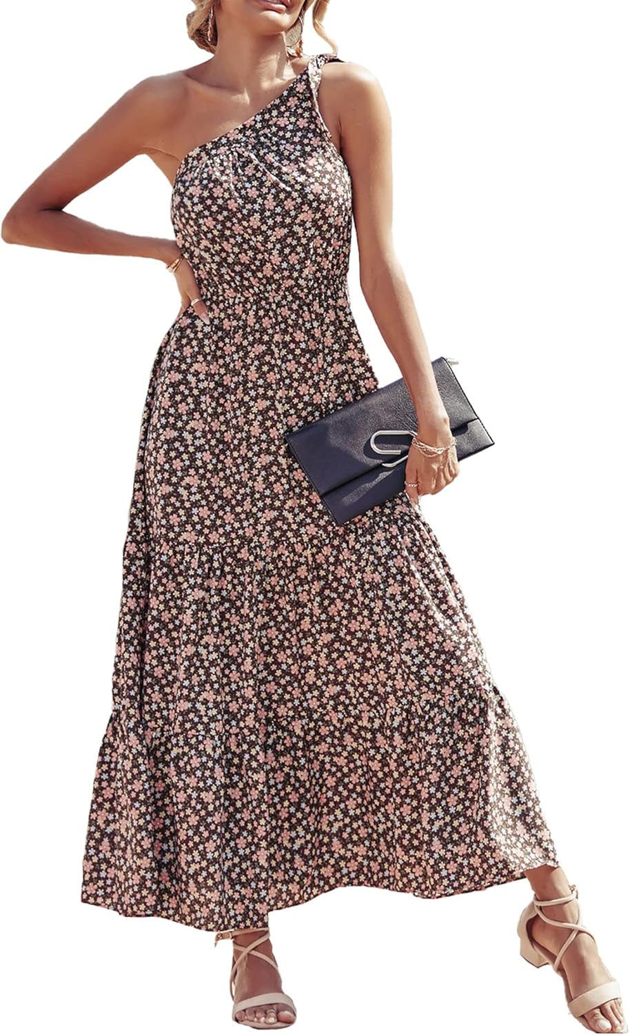 PRETTYGARDEN Women's Summer Floral Maxi Dress Knot One Shoulder Sleeveless Ruffle Flowy Boho Beach Wedding Guest Dresses