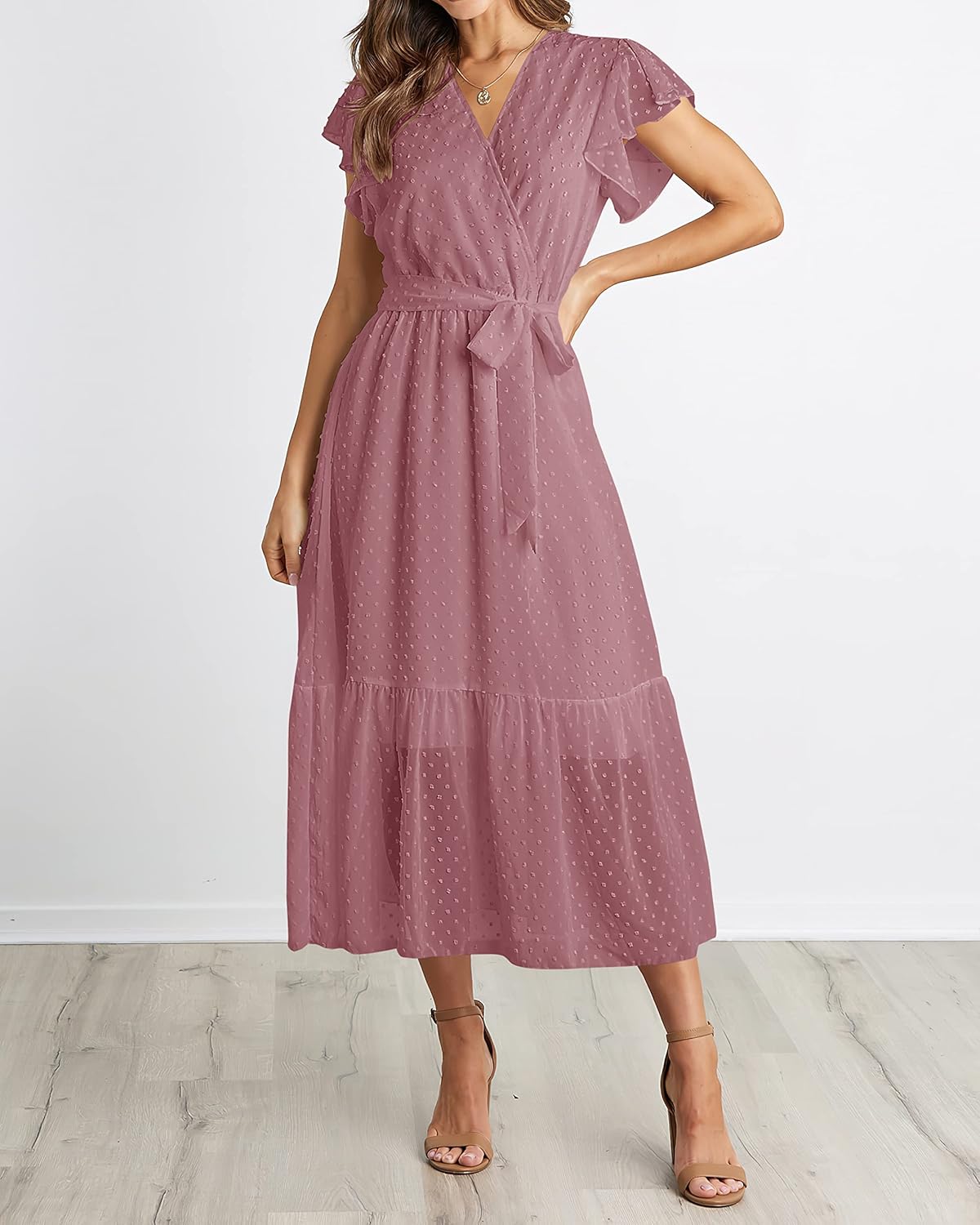 BTFBM Women Summer Bohemian Floral Casual Wrap V Neck Ruffle Cap Sleeveless Belt A-Line Pleated Hem Midi Sun Dress White