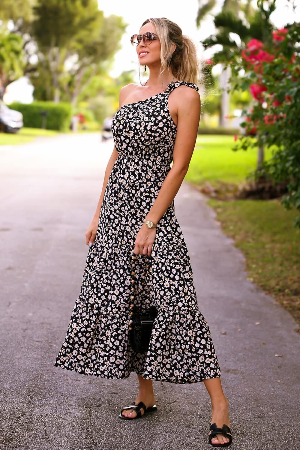 PRETTYGARDEN Women's Summer Floral Maxi Dress Knot One Shoulder Sleeveless Ruffle Flowy Boho Beach Wedding Guest Dresses