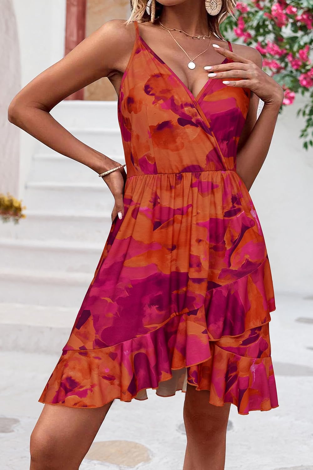 ULTRANICE Womens Summer Dresses Floral V Neck Ruffled Hem Spaghetti Spring Casual Beach Outfits Flowy Wrap Sun Dress