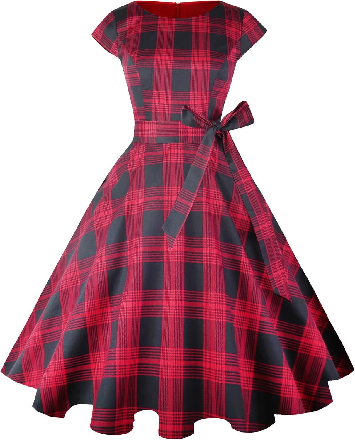 PUKAVT Women's 1950 Boatneck Cap Sleeve Vintage Swing Cocktail Party Dress with Pockets