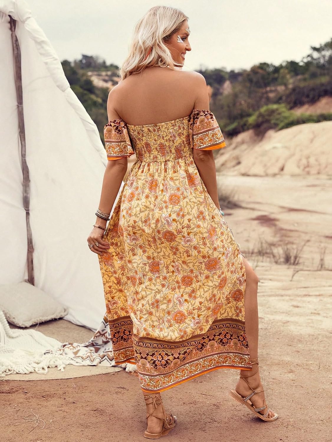 Floerns Women's Boho Floral Print Off Shoulder Split Long A Line Dress
