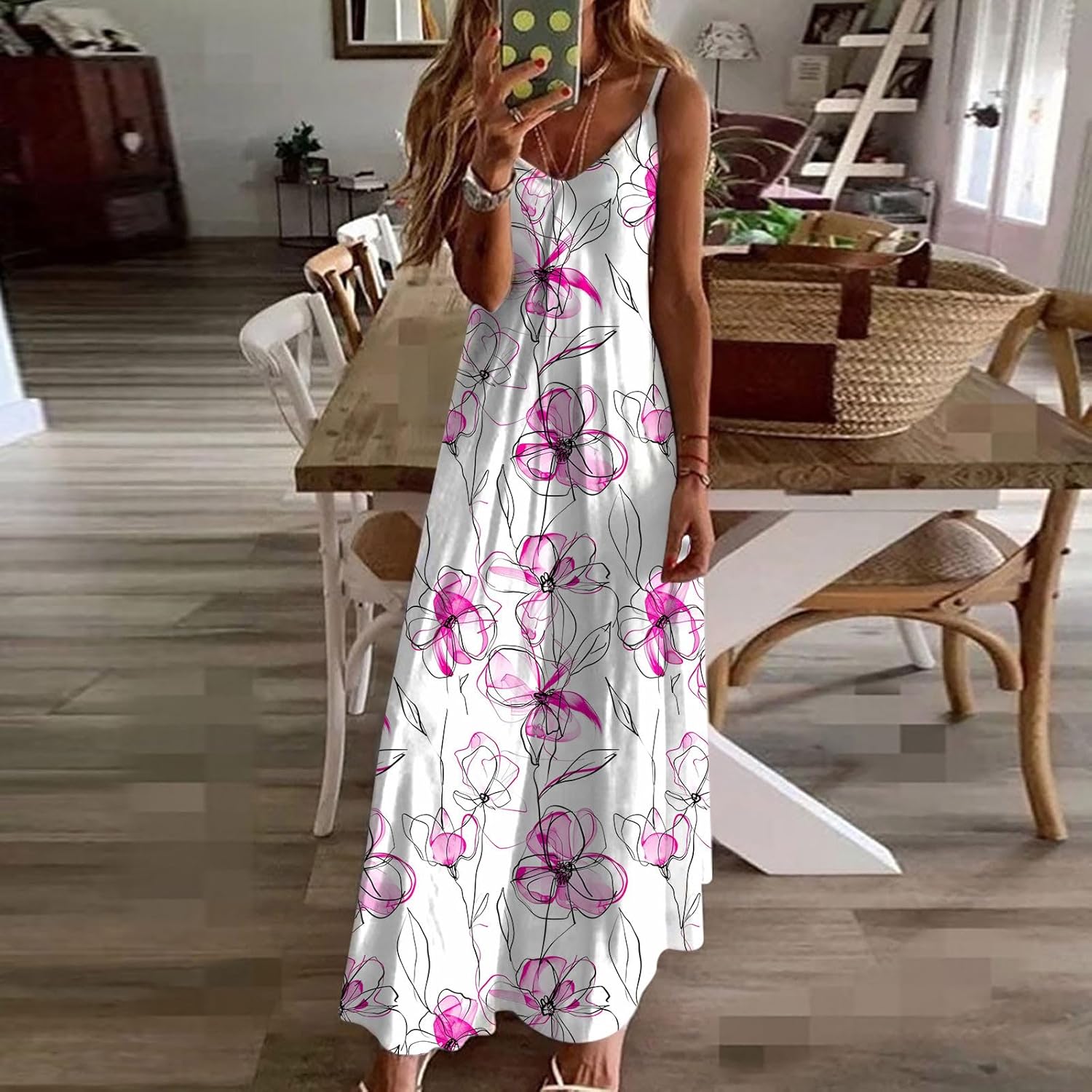 Womens Floral Maxi Dresses Spaghetti Strap Casual Summer Long Dress Vneck Flowy Boho Beach Sundress Vacation Outfits