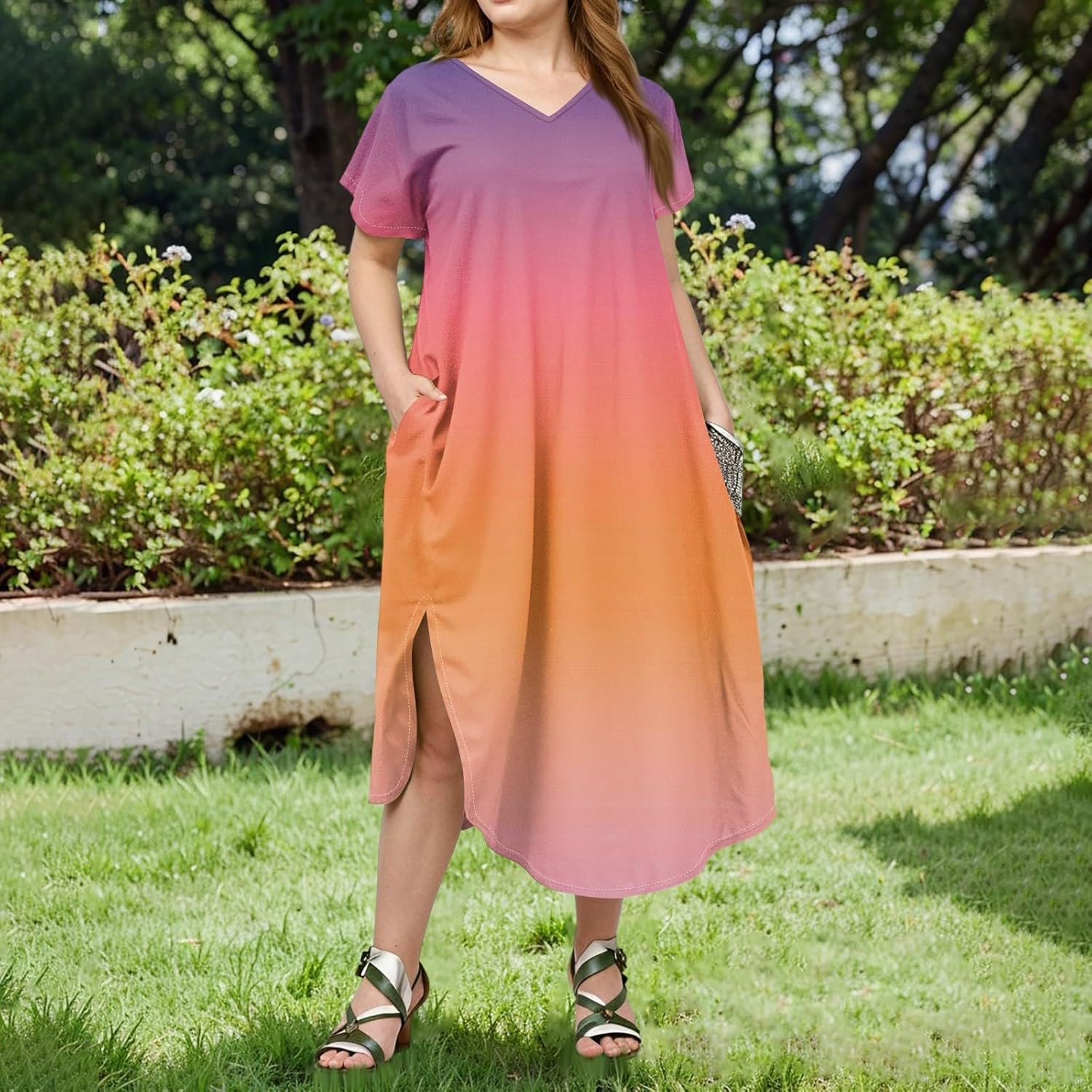 Maxi Dresses for Women 2025 Plus Size Tie Dye V Neck Dress Short Sleeve Side Split Beach Summer Sundress with Pocket