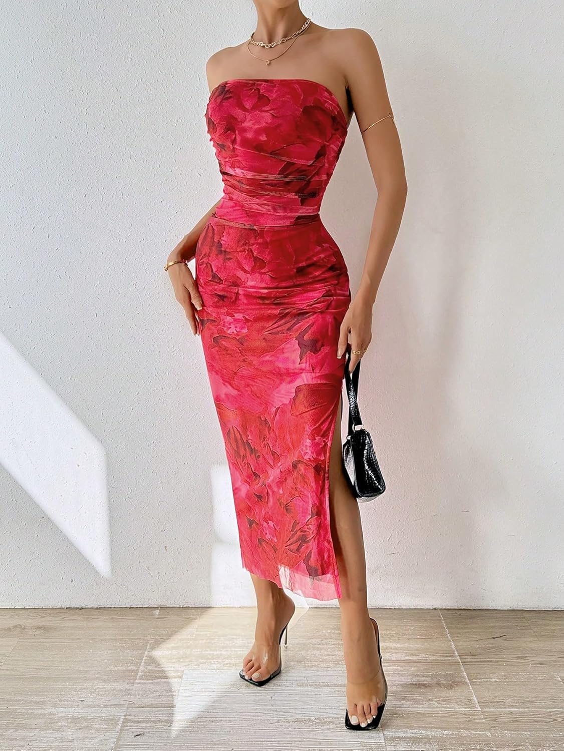 Milumia Women's Printed Strapless Tube Top Long Dress Slit Hem Sleeveless Bodycon Maxi Dresses