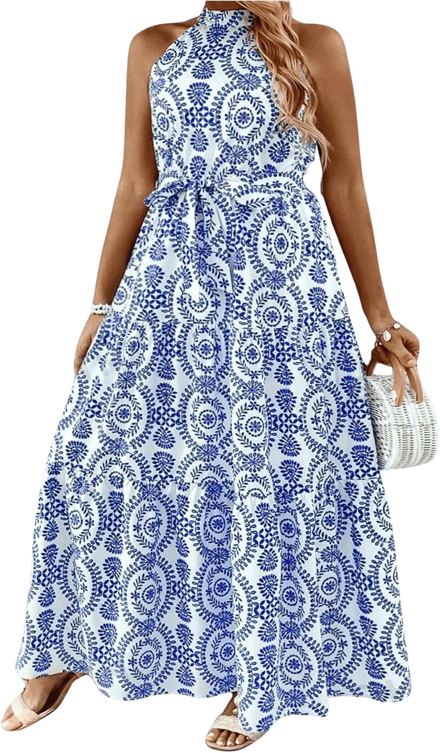 Floerns Women's Plus Size Boho Sleeveless Halter Neck Tie Back A Line Long Dress
