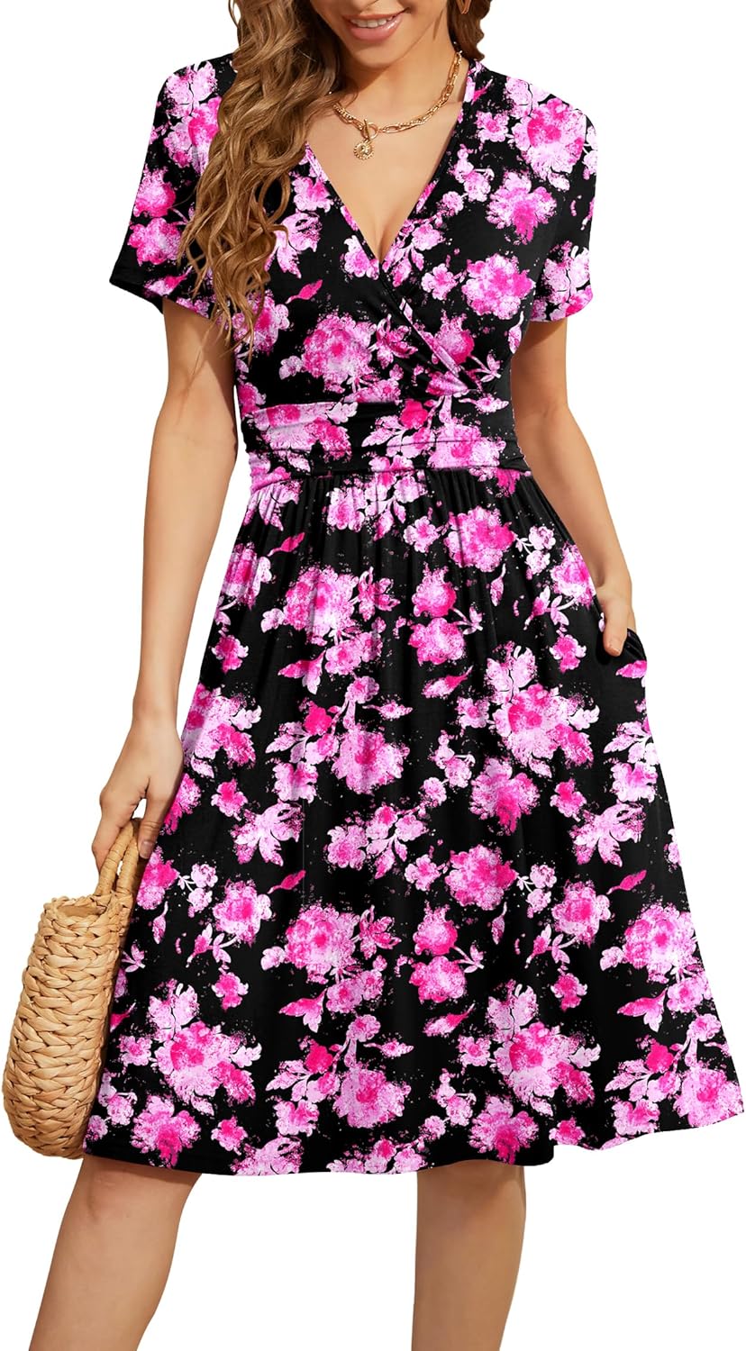 WEACZZY Women's Summer Short Sleeve Casual Dresses V-Neck Floral Party Dress with Pockets