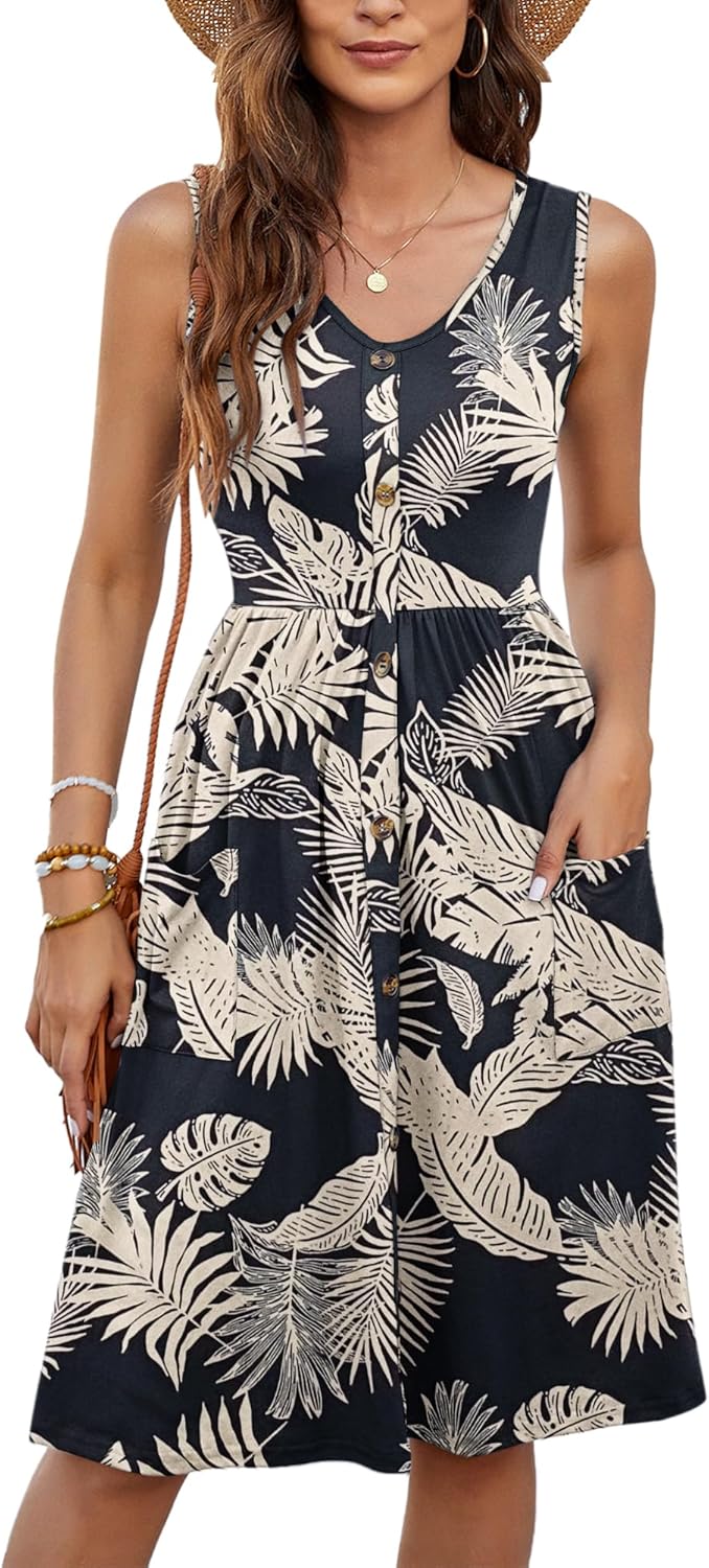MOLERANI Women Summer Dresses Sleeveless Casual Loose Swing Button Down Midi Dress with Pockets
