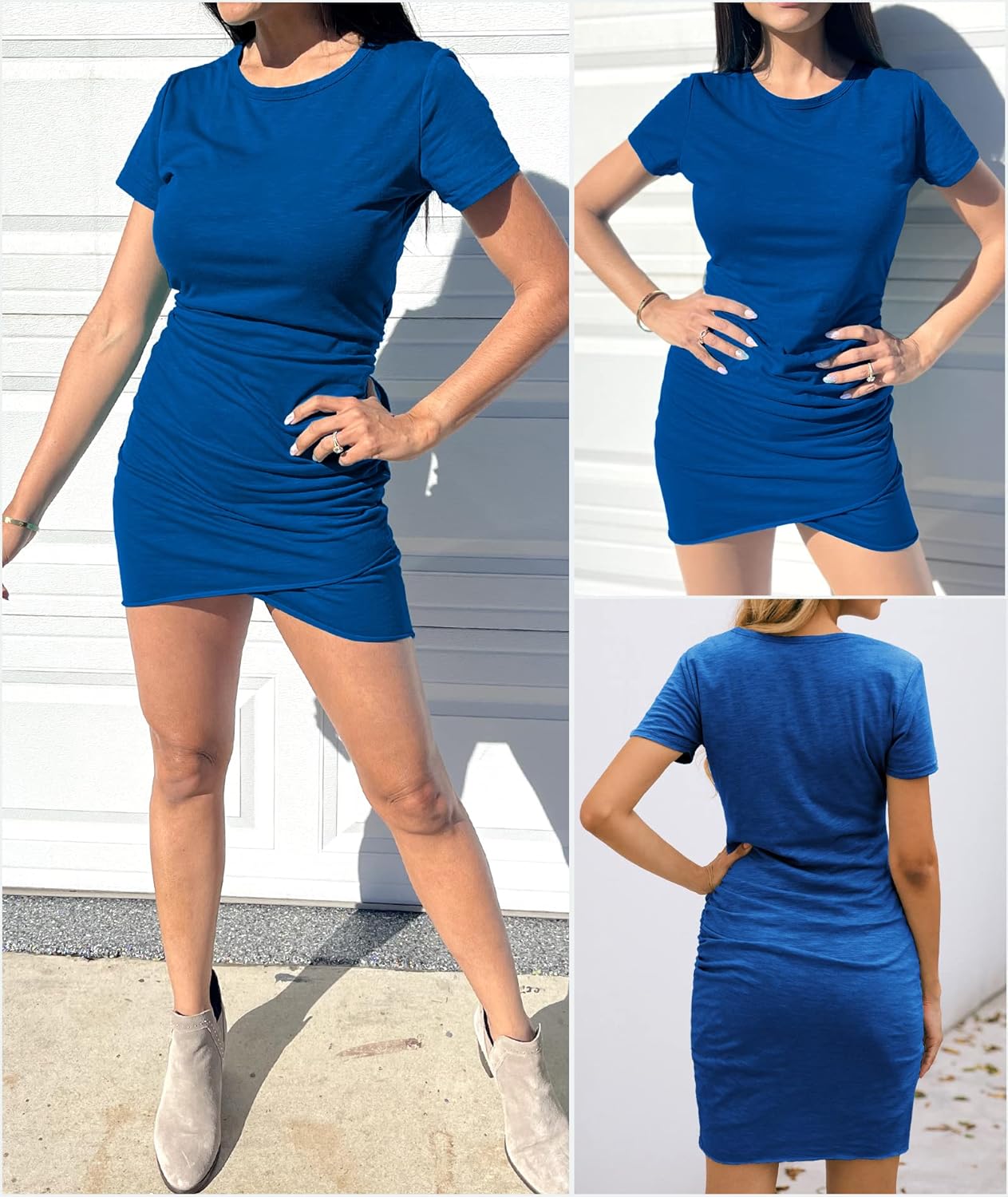 BTFBM Women's 2025 Summer Casual Beach Dresses Crew Neck Short Sleeve Wrap Party Club Mini Ruched Bodycon T Shirt Dress