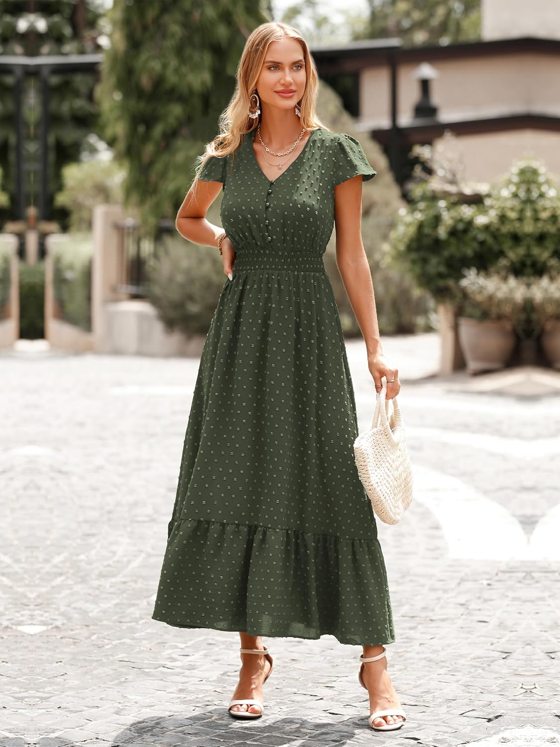 PRETTYGARDEN Womens Dresses 2025 Summer Maxi Dress Boho Short Sleeve V Neck Swiss Dot Ruffle Tiered Smocked Flowy Long Dress
