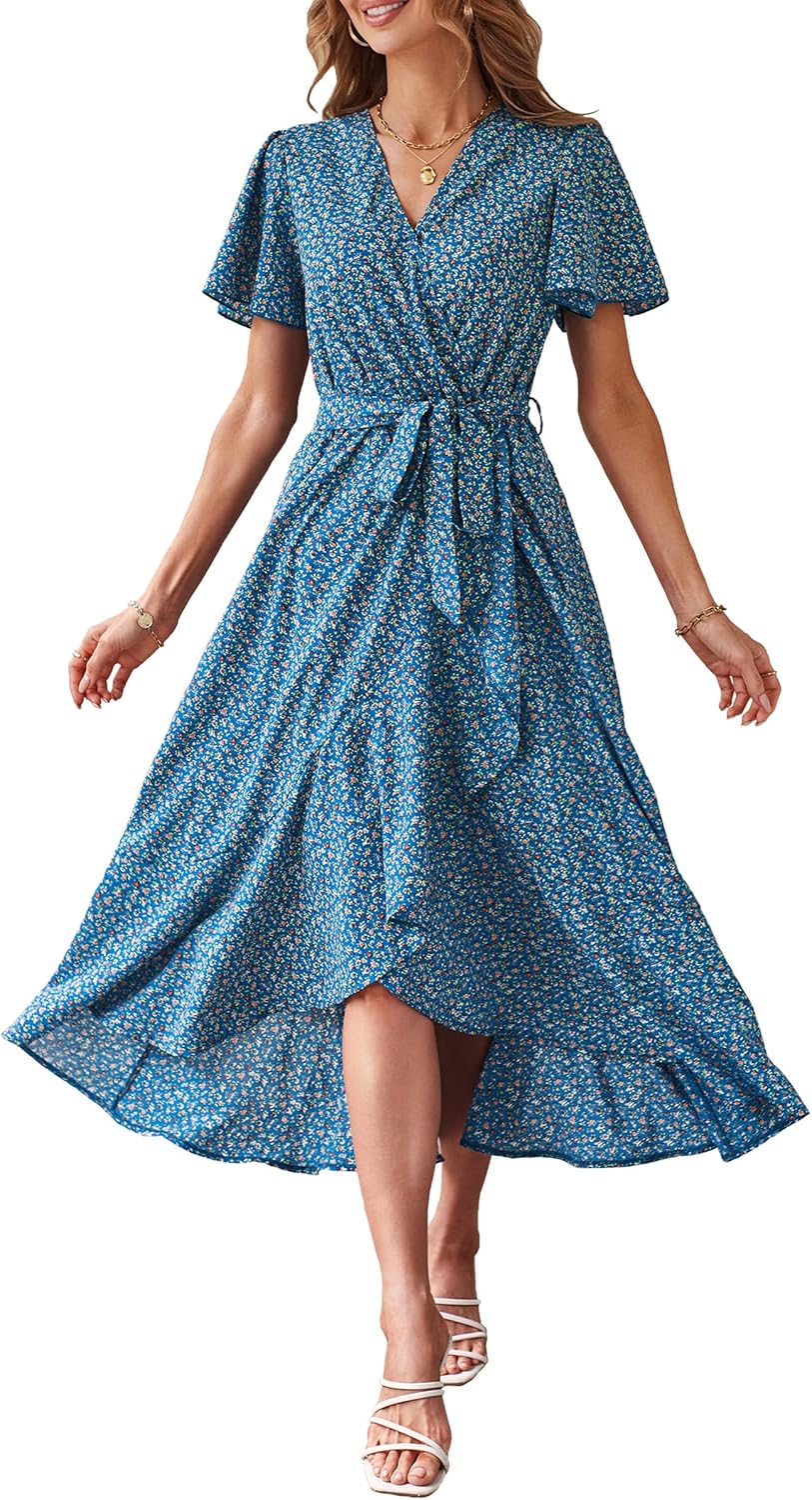 PRETTYGARDEN Women's Summer Floral Boho Dress Wrap V Neck Short Sleeve Ruffle A-Line Flowy Maxi Wedding Guest Dresses