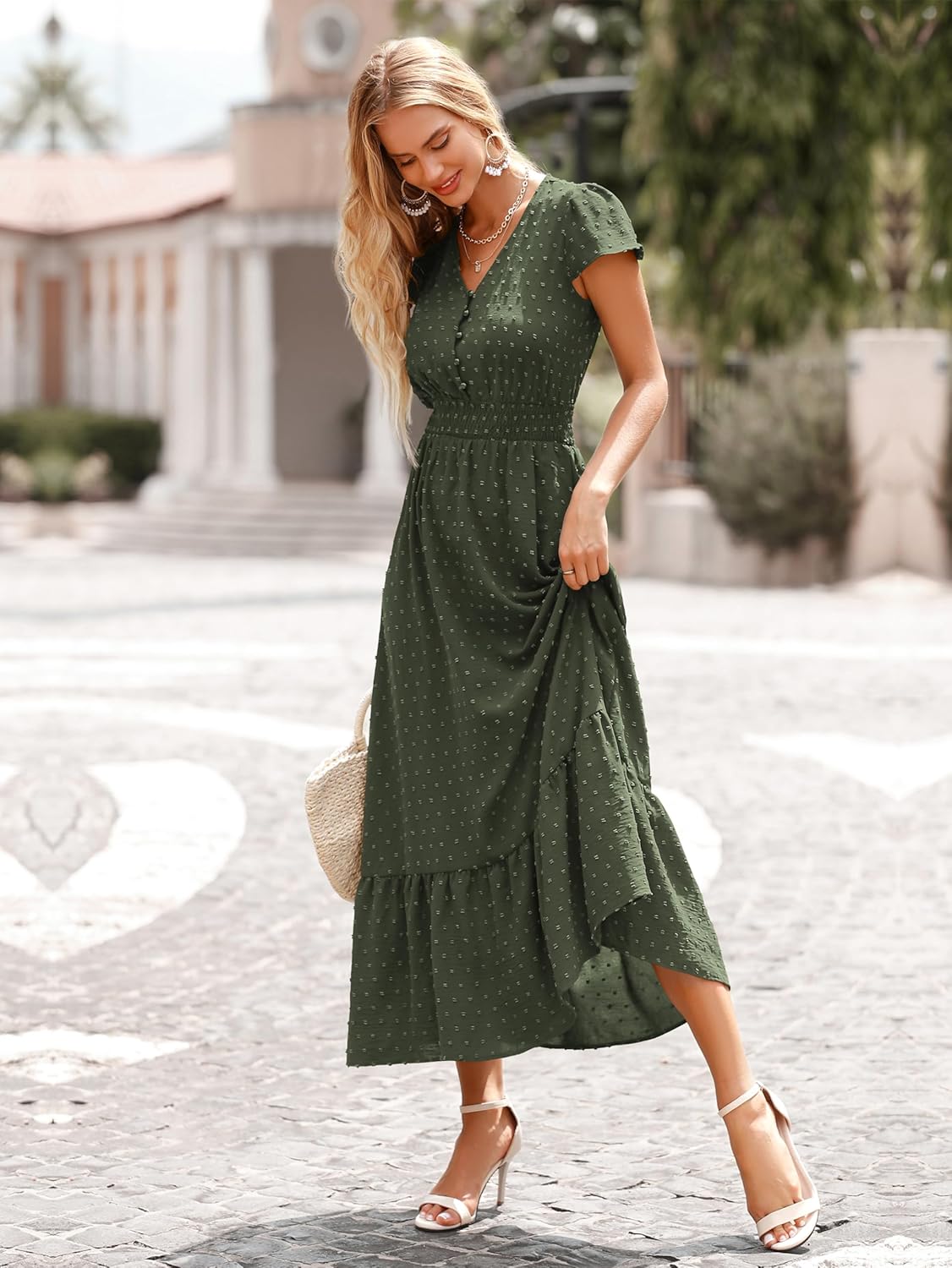 PRETTYGARDEN Womens Dresses 2025 Summer Maxi Dress Boho Short Sleeve V Neck Swiss Dot Ruffle Tiered Smocked Flowy Long Dress