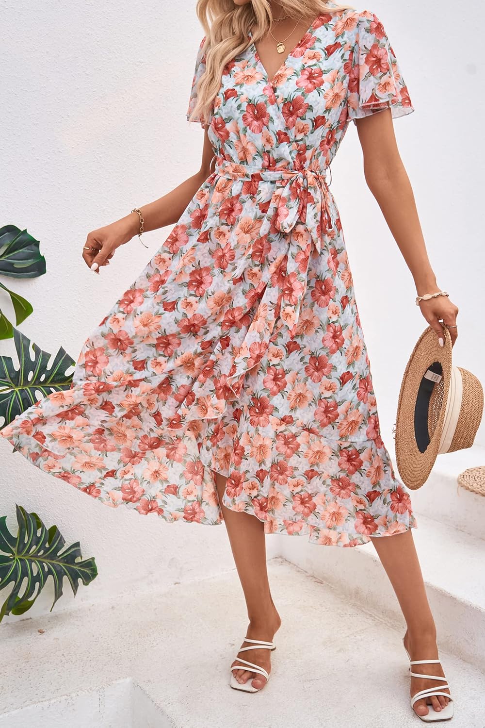PRETTYGARDEN Women's Summer Floral Boho Dress Wrap V Neck Short Sleeve Ruffle A-Line Flowy Maxi Wedding Guest Dresses