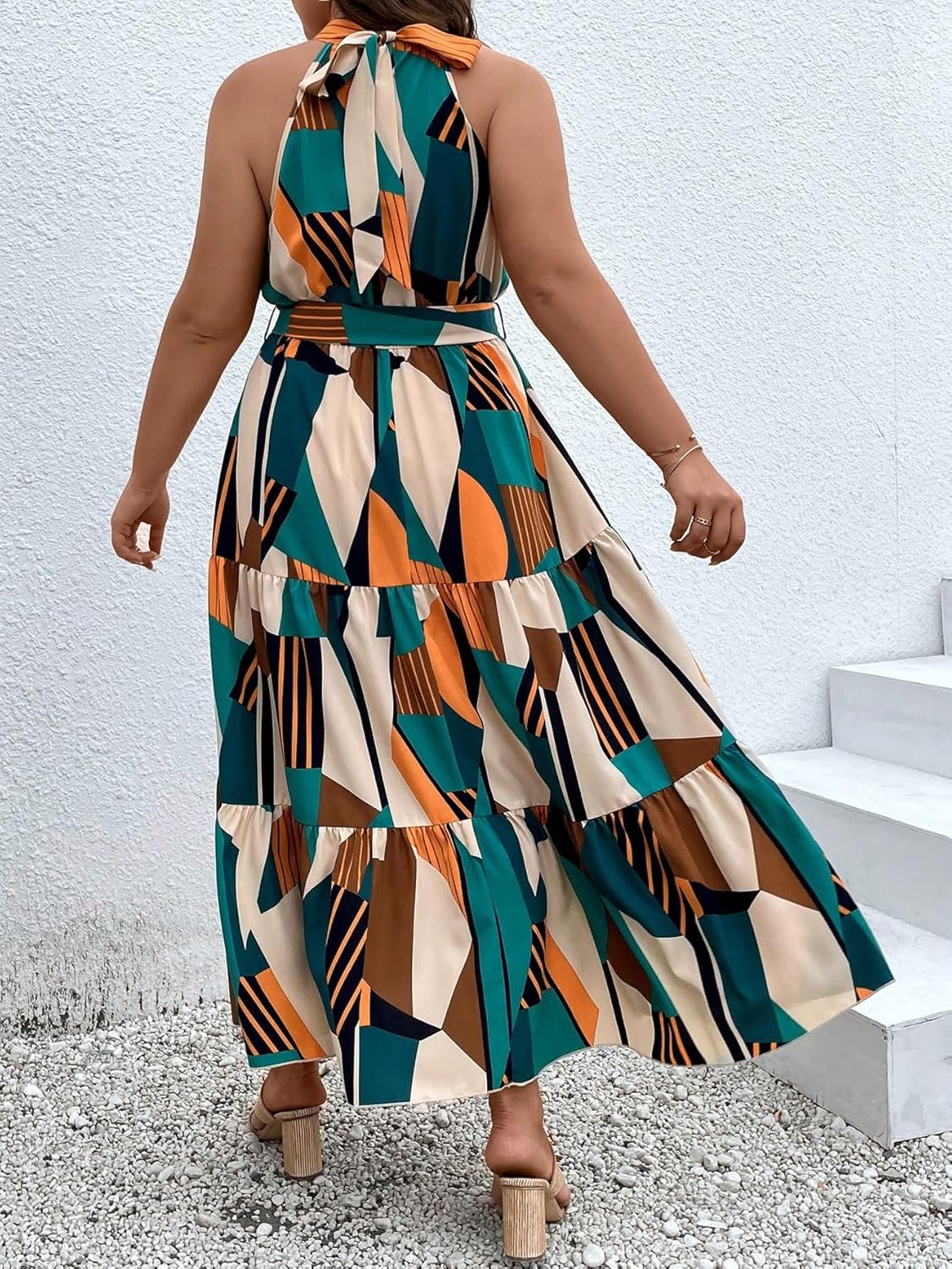 Floerns Women's Plus Size Boho Sleeveless Halter Neck Tie Back A Line Long Dress