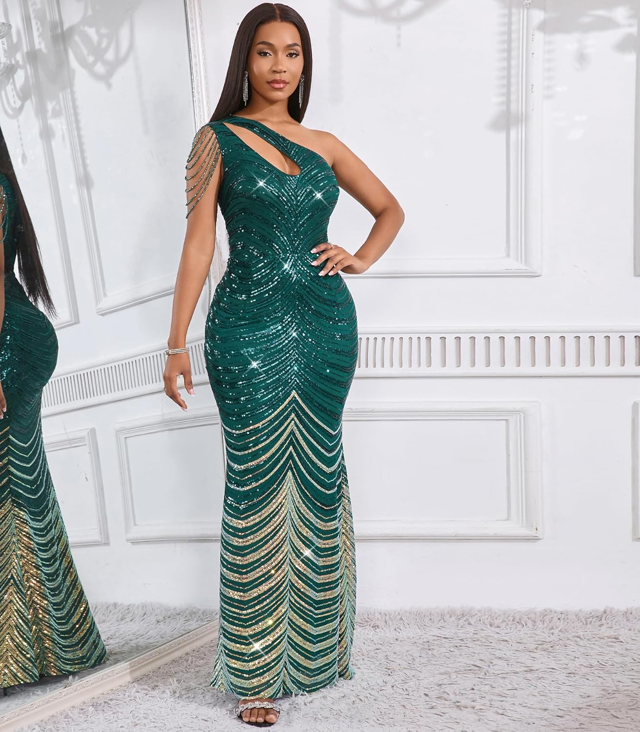 Cololura Women Sequin Elegant Sexy One Shoulder Tassel Mermaid Bodycon Cocktail Evening Dress