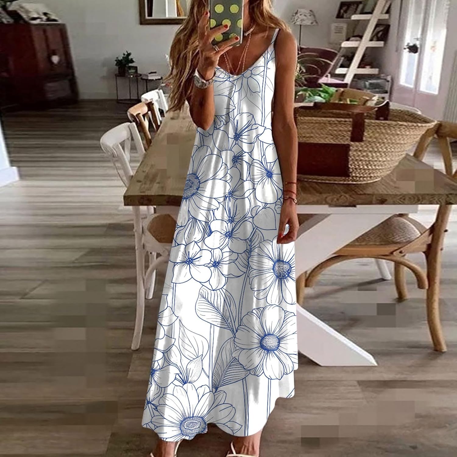 Womens Floral Maxi Dresses Spaghetti Strap Casual Summer Long Dress Vneck Flowy Boho Beach Sundress Vacation Outfits