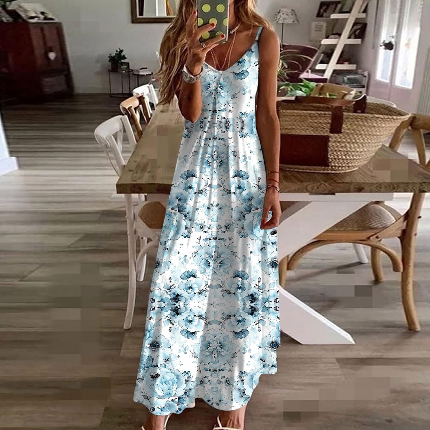 Womens Floral Maxi Dresses Spaghetti Strap Casual Summer Long Dress Vneck Flowy Boho Beach Sundress Vacation Outfits
