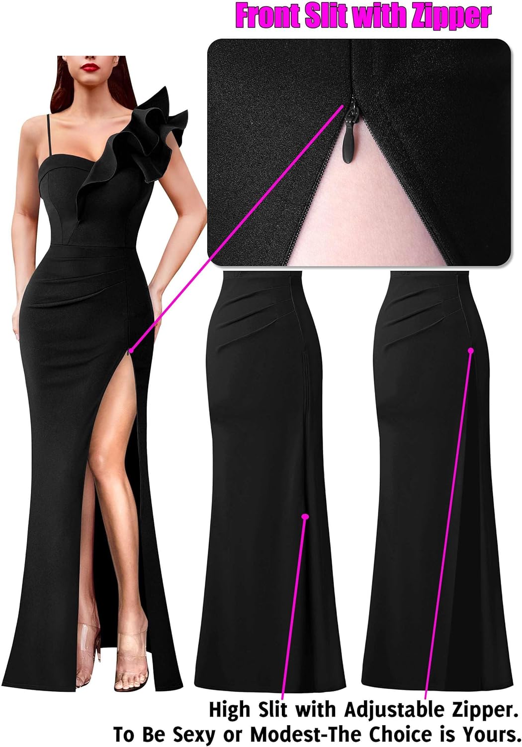 VFSHOW Womens Ruffle One Shoulder Strap Ruched Formal Prom Wedding Maxi Dress V Neck Elegant Split Cocktail Evening Long Gown
