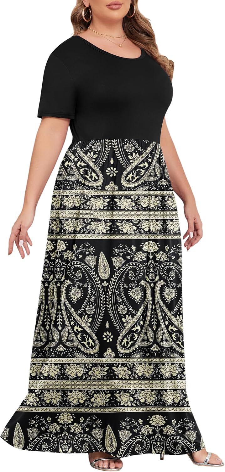 KARALIN Women’s Plus Size Maxi Dresses for Curvy Women Summer Casual Short Sleeve 2025 Long Dress 14W-26W